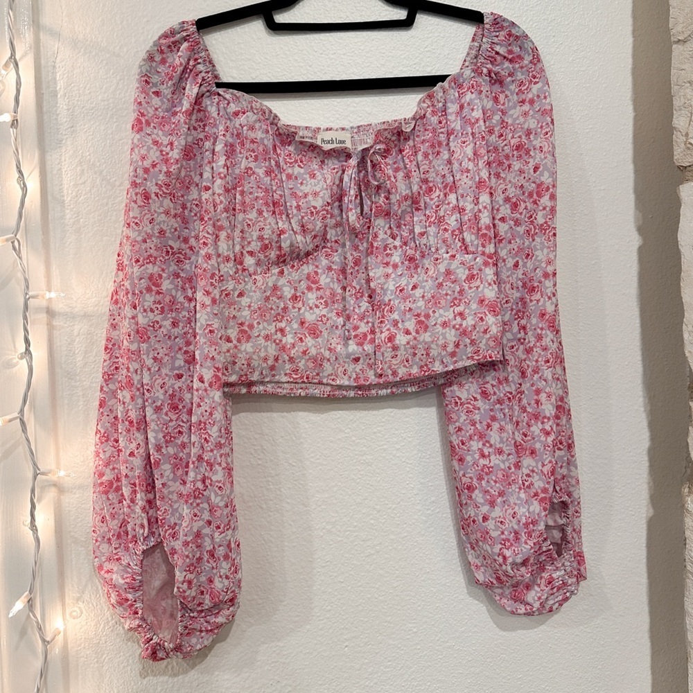 Pink floral off the shoulder cropped top (M)